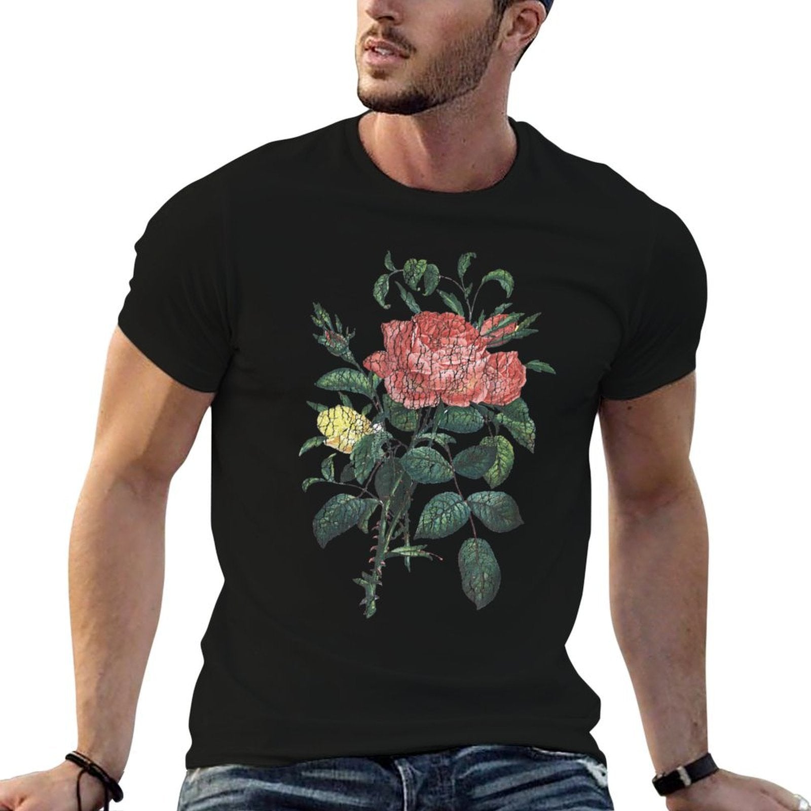 Cottagecore Vintage Distressed Botanical Rose  Heathered Texture T-Shirt