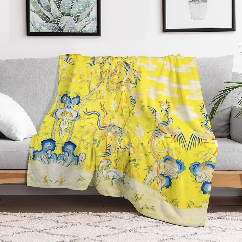 Five Phoenixes in The Garden ,Chinese Imperial Bright Yellow Floral Tapestry Plush Throw Blanket