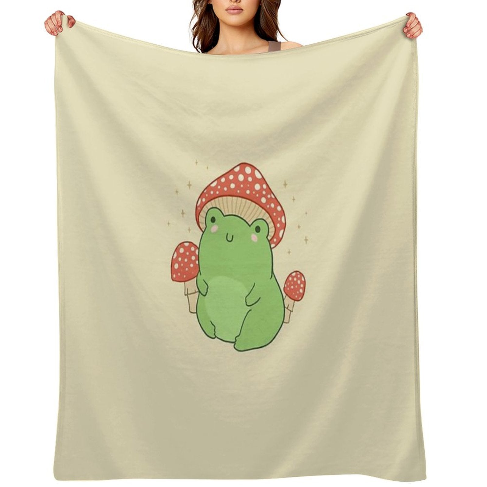 Kawaii Frog with Mushroom Hat Cottagecore Aesthetic Froggy, Chubby Toad in Forest Themed Fantasy Toadstools Plush Throw Blanket