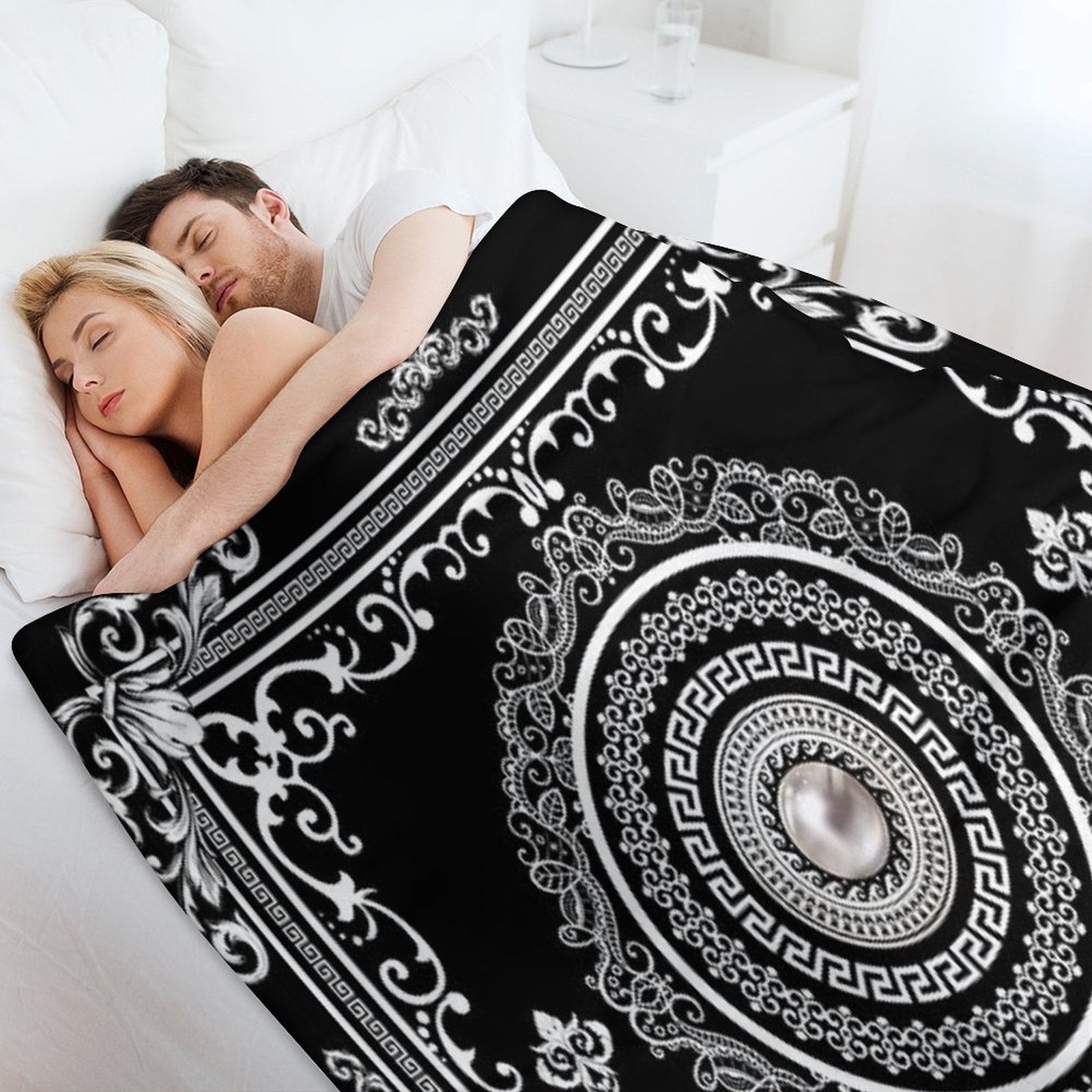 Baroque Ornate White Black Greek Key Travel-friendly Throw Blanket