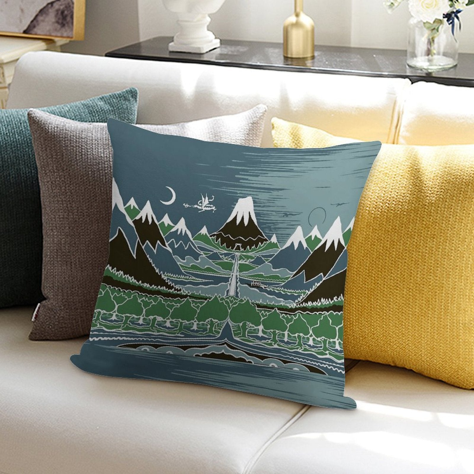 Midnight Forest Mountain Path in The Style of J.R.R.Tolkien Soft Durable Construction Throw Pillow
