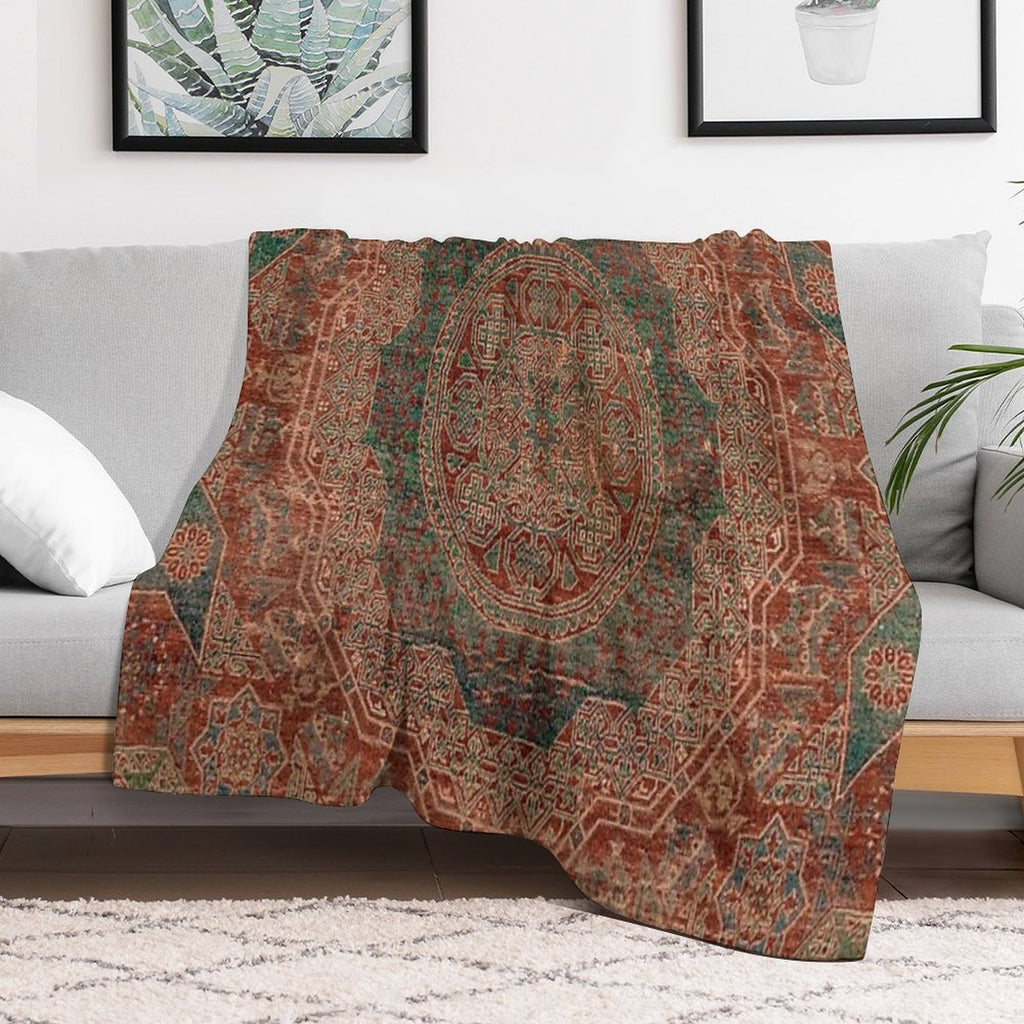 Bohemian Medallion I  15th Century Old Distressed Red Green Colorful Ornate Accent Rug Pattern Eco-conscious Throw Blanket