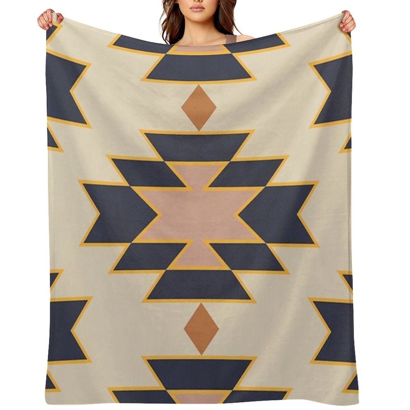 Desert Boho Aztec Folk Motif Blue And Blush Pink Sustainable Throw Blanket