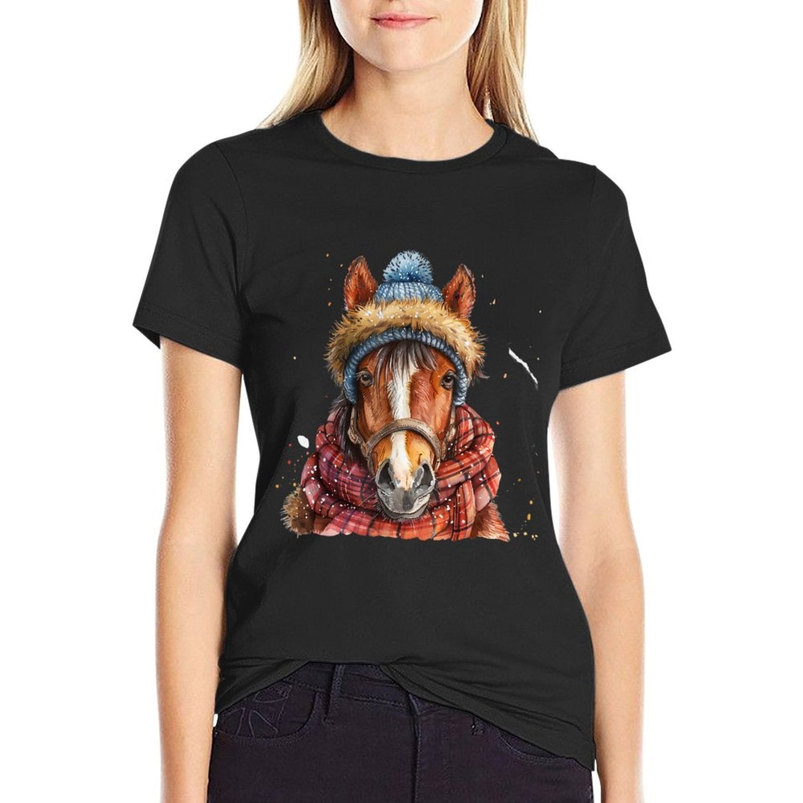 Merry Christmas Gifts For The Whole Family Unisex Adult Equestrian Horse Portrait Christmas Horseback Riding  Eco-friendly Material T-Shirt