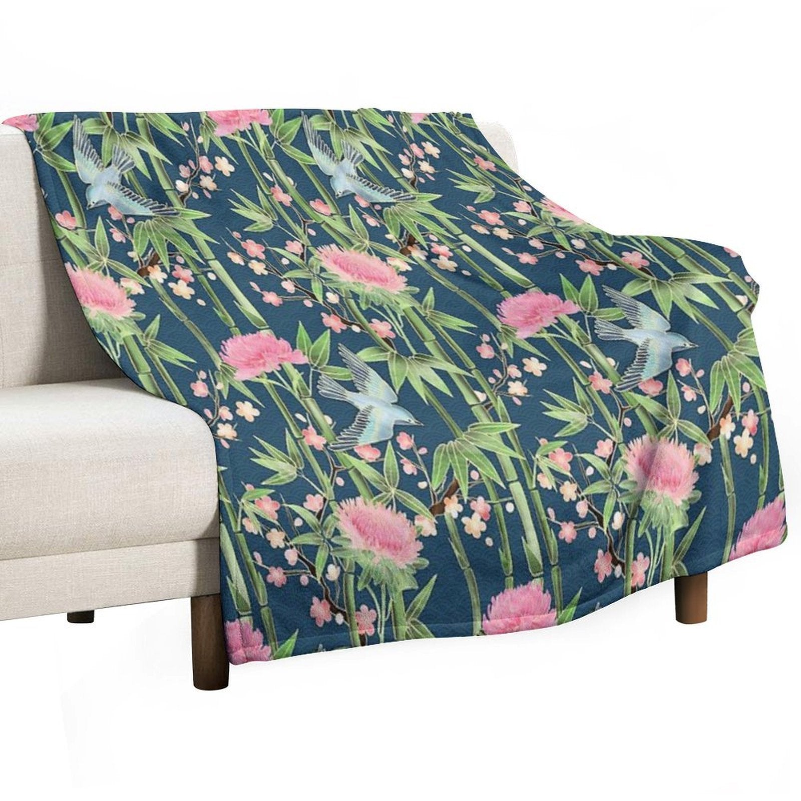 Bamboo, Birds And Blossom - Dark Teal Durable Throw Blanket