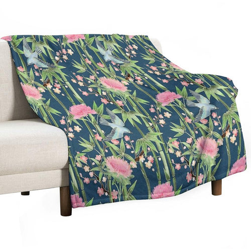 Bamboo, Birds And Blossom - Dark Teal Durable Throw Blanket