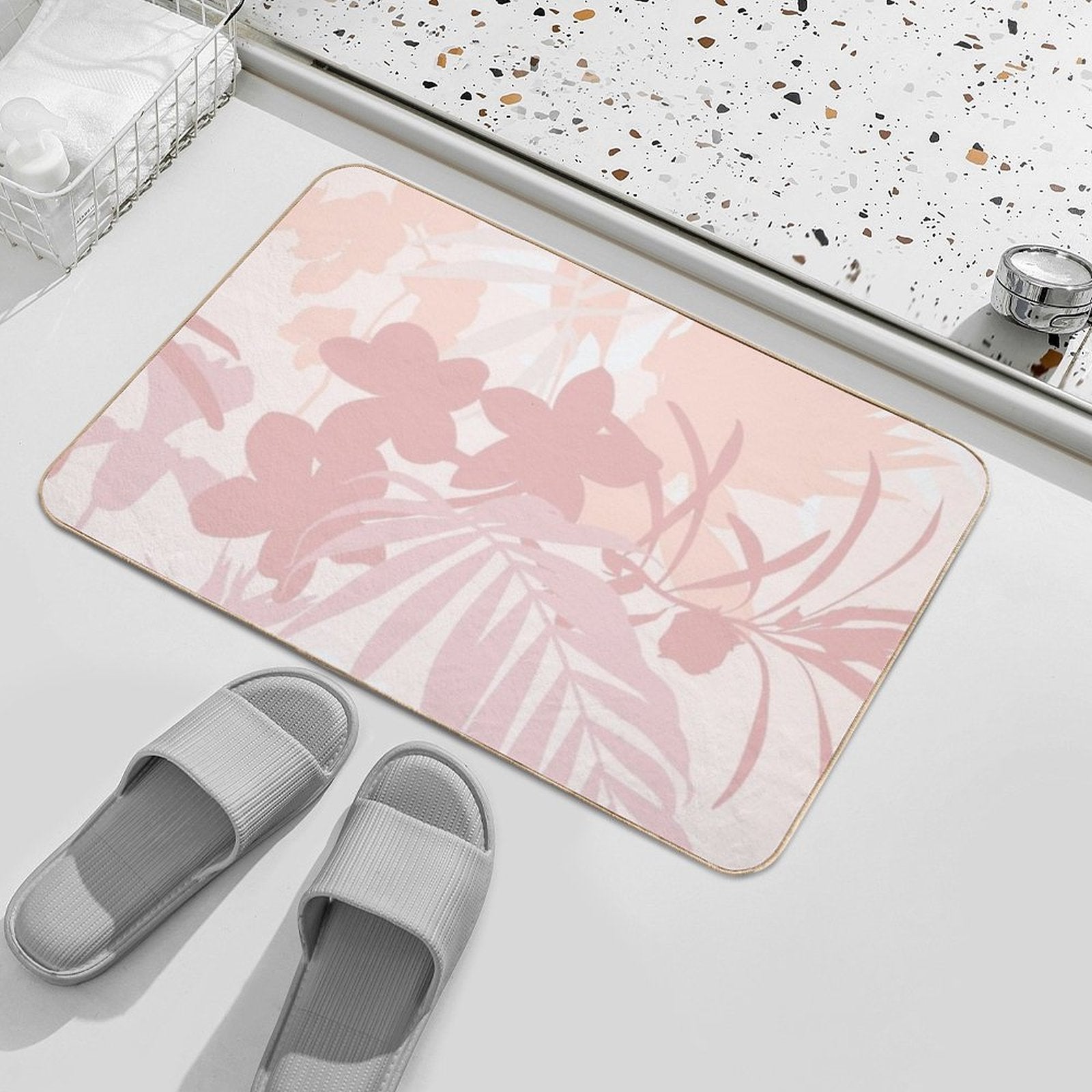 Tropical Flowers, Garden Flowers And Leaves.  Dirt-Trapping Bath Mat