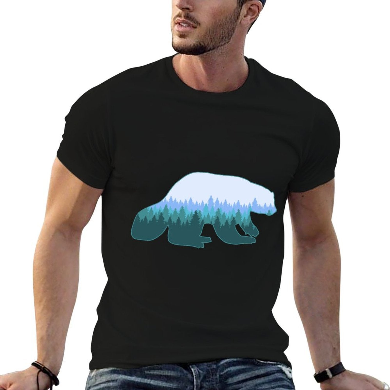 Wolverine Print Landscape - Animal Wolverine  Ribbed Collar T-Shirt