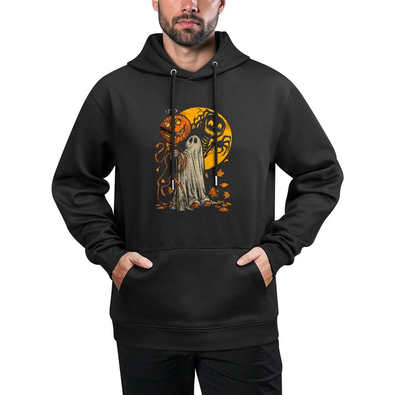 Halloween Pumpkin Ghost Autumn Leaves Graphic Art Versatile Streetwear Hoodie