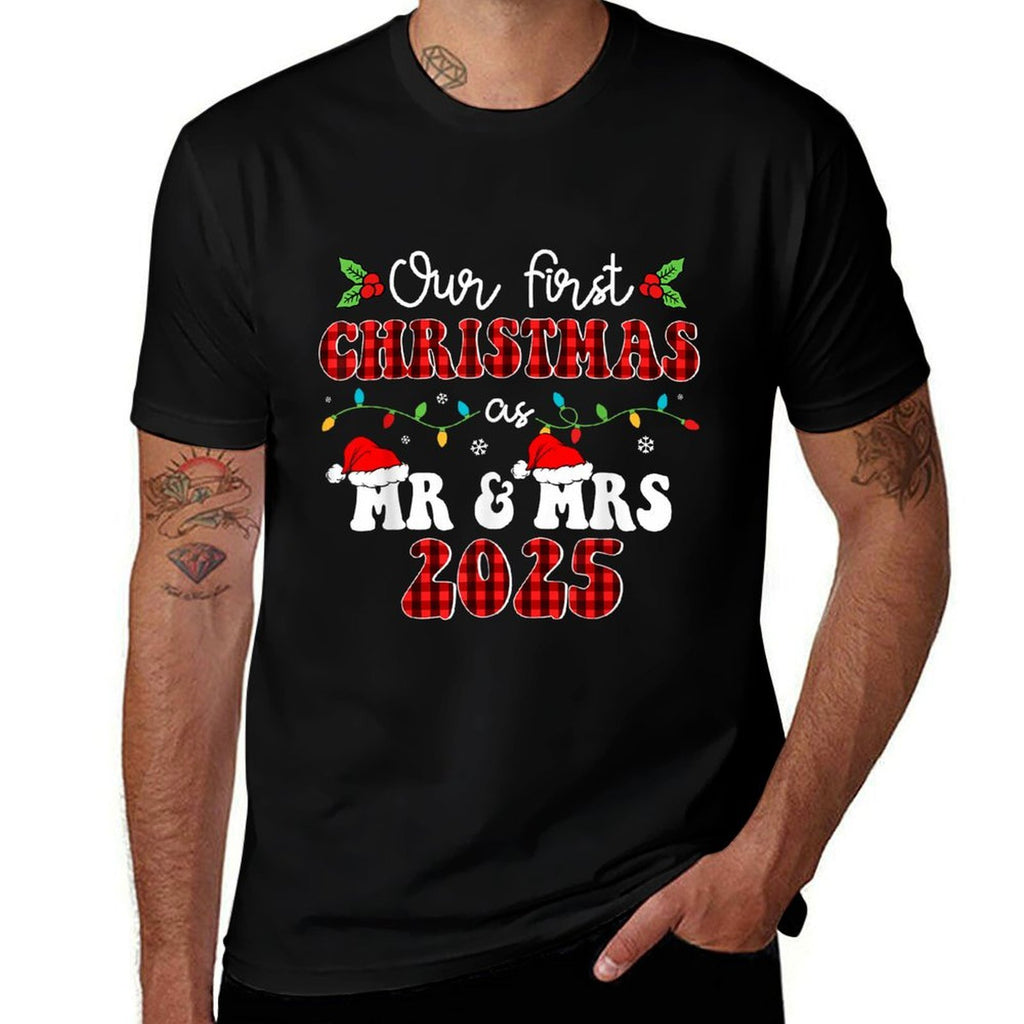 Groovy Our First Christmas As Mr  Mrs 2025 Couples Pajamas  Slim-fit Cut T-Shirt