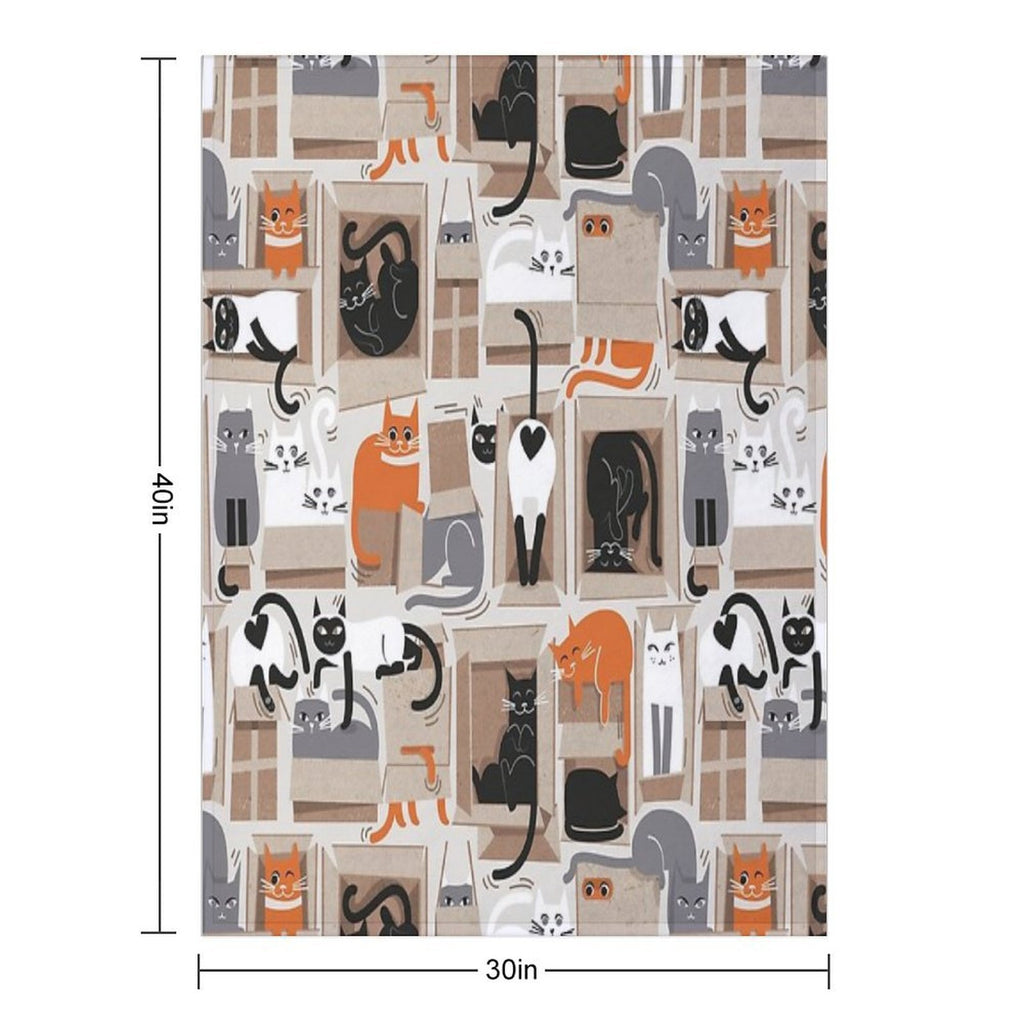 Purfect Feline Architecture  Beige Background Cute Cats in Cardboard Boxes Sustainable Throw Blanket