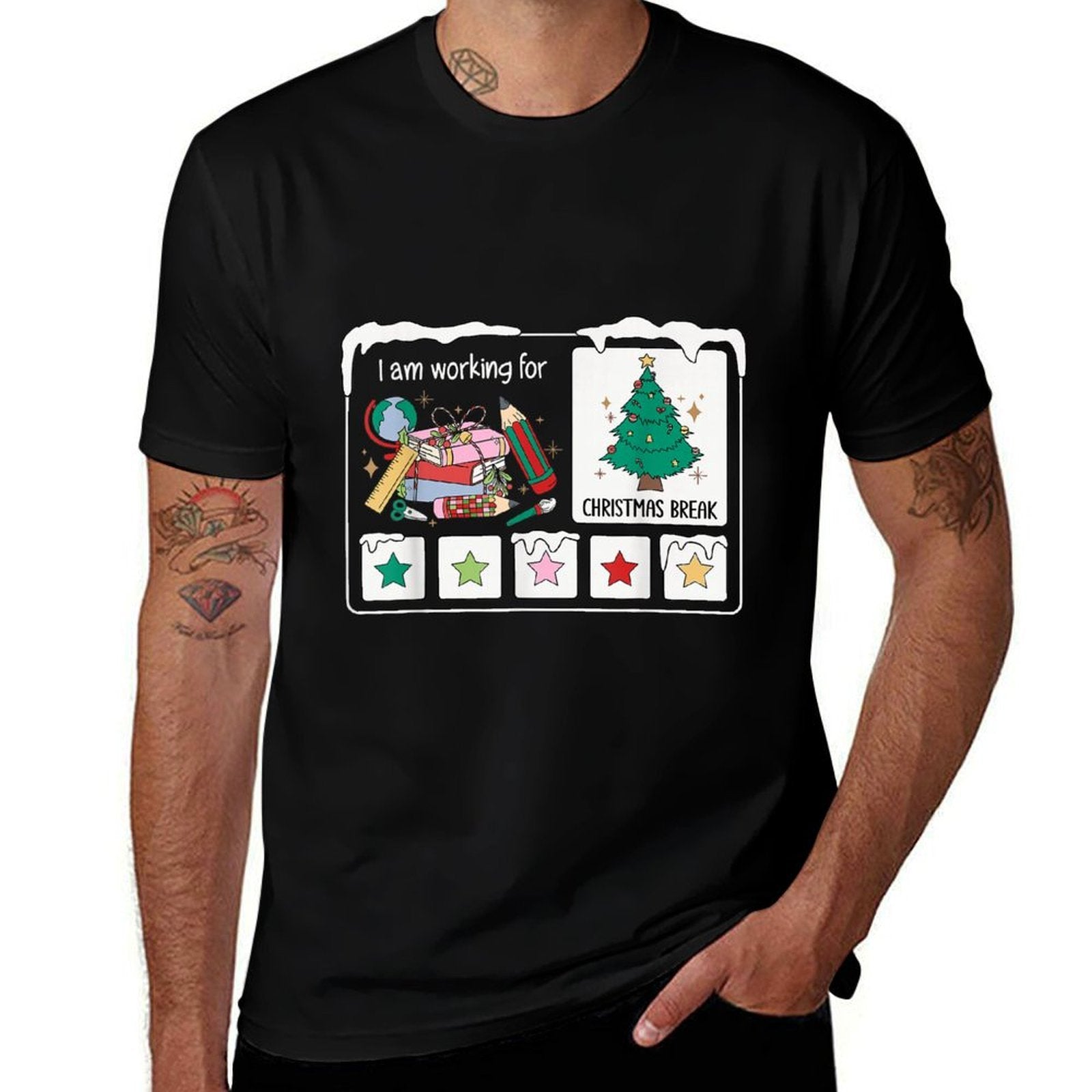 I Am Working for Christmas Break 5 Stars Xmas Tree Teacher  Slim-fit Cut T-Shirt