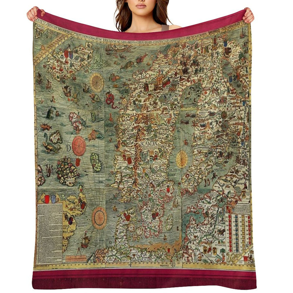 CARTA MARINA  1539 ANTIQUE MAP OF SEA CREATURES IN WATERS OF NORWAY AND ICELAND Sustainable Throw Blanket