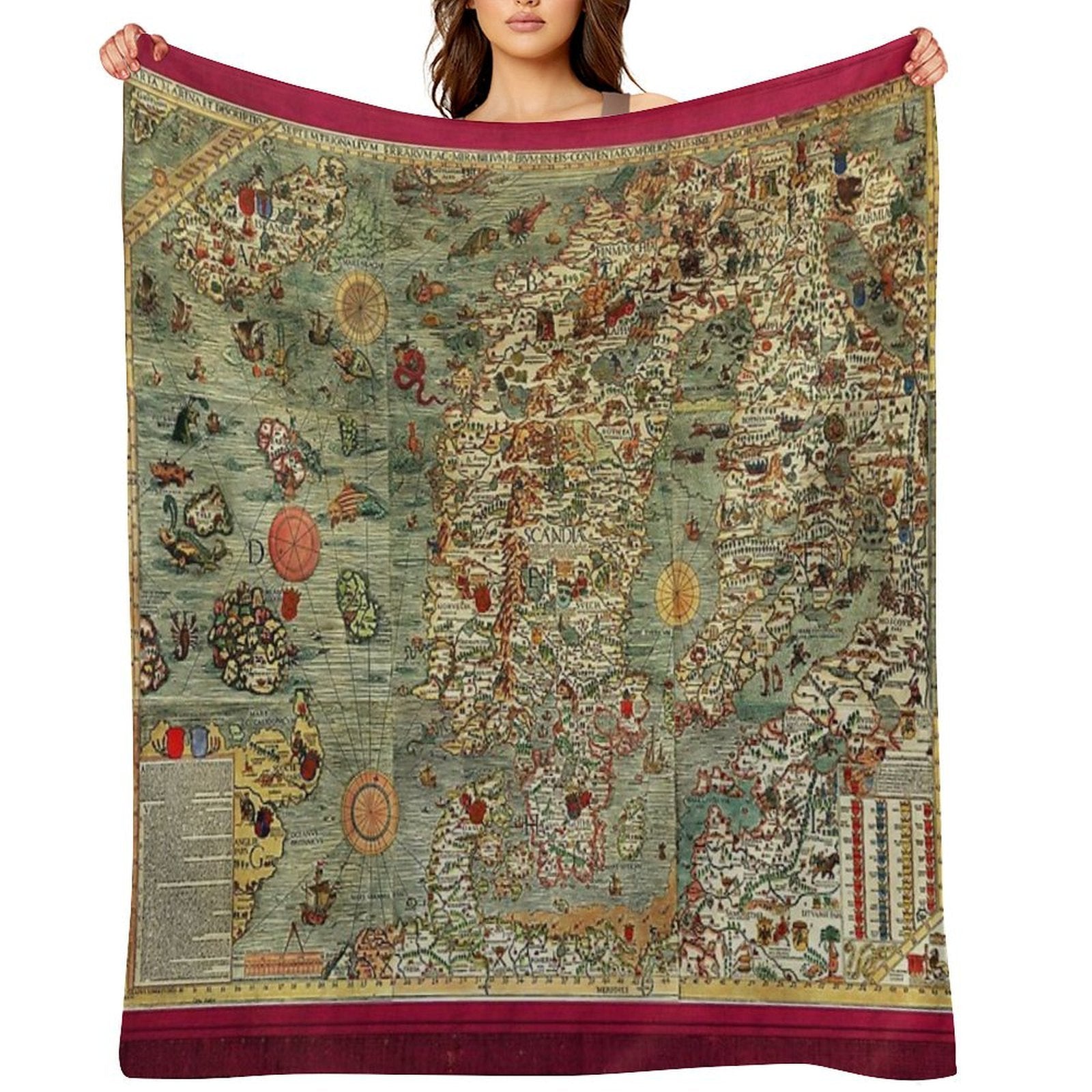 CARTA MARINA  1539 ANTIQUE MAP OF SEA CREATURES IN WATERS OF NORWAY AND ICELAND Sustainable Throw Blanket