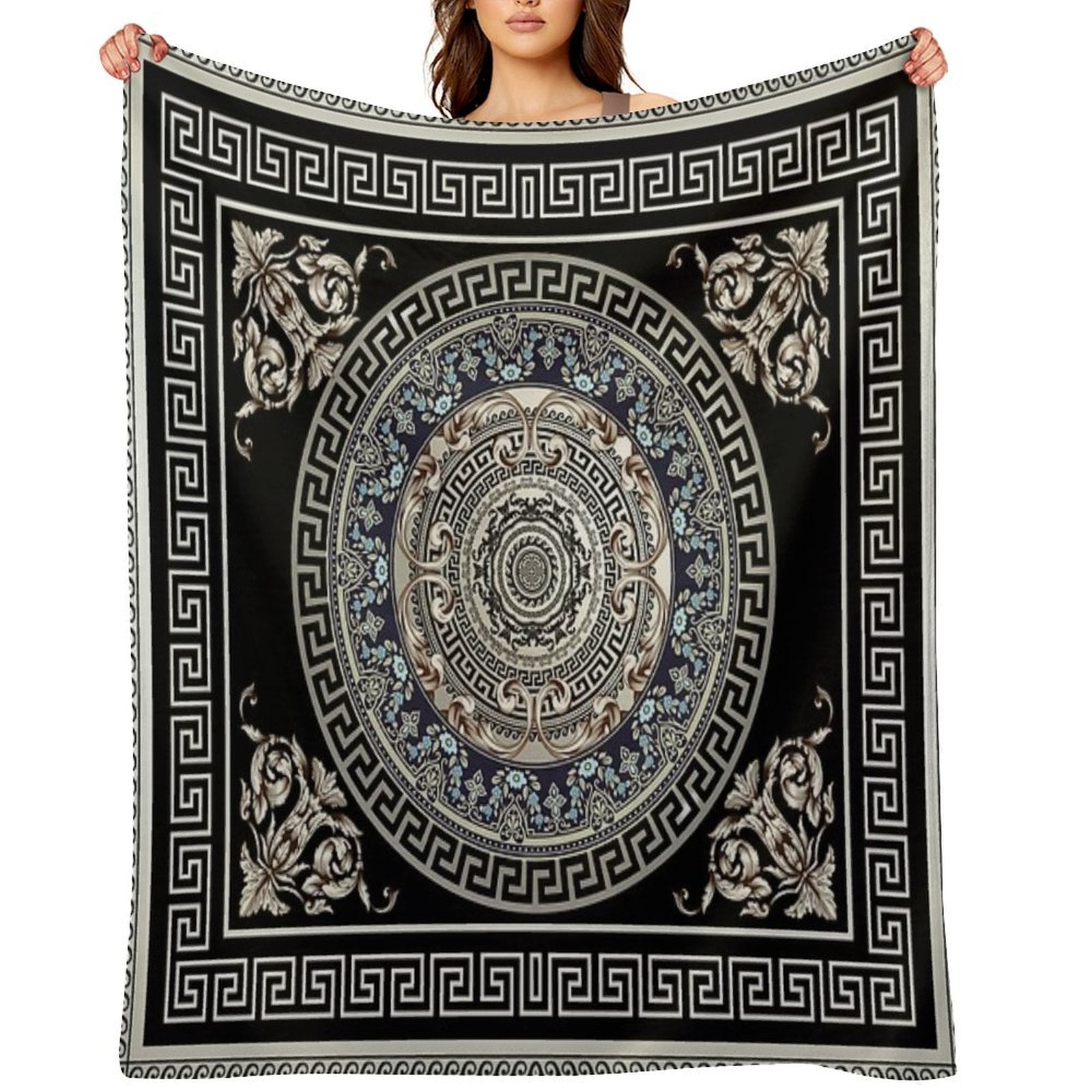 Greek Key Meander Cream Blue Black Medallion Ornate Baroque Versatility Throw Blanket