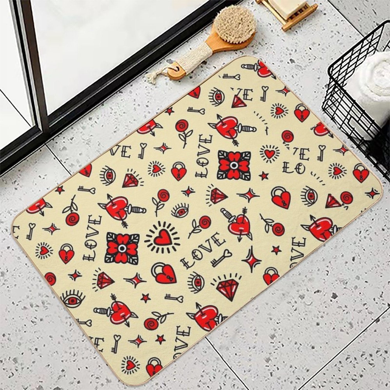 Old School Pattern, Tattoo, American Traditional, Flash, Vintage, Sailor, Ink, Rose,  Easy Maintenance Bath Mat