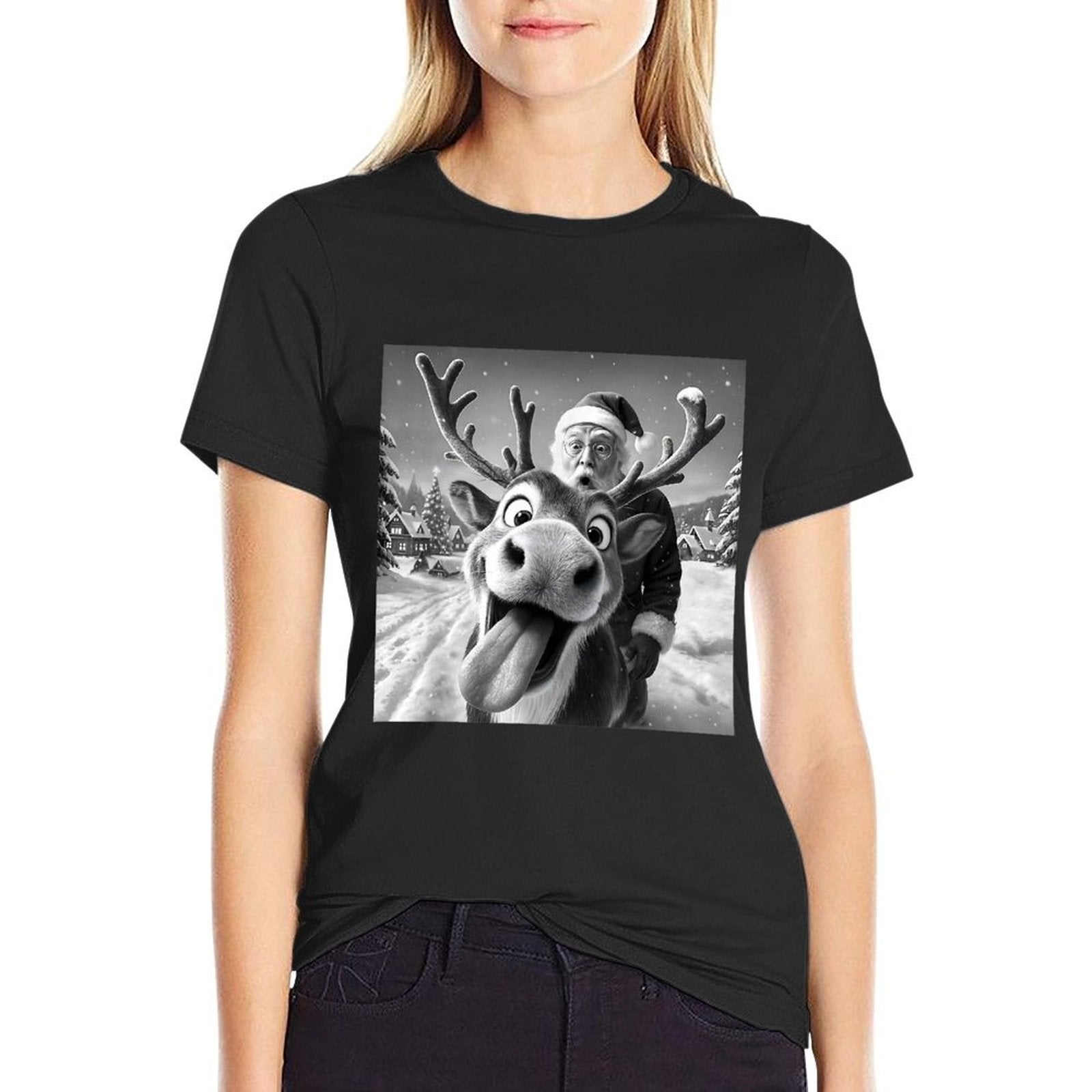 Reindeer Santa Taking A Selfie Christmas Xmas Pajama Holiday  Heathered Texture T-Shirt