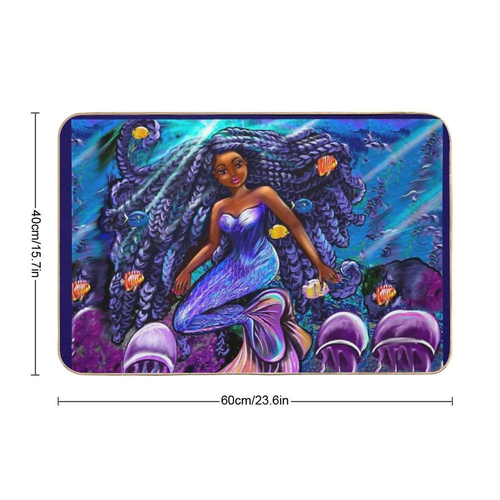 Mermaid Underwater with Flowing Shimmering Blue Black Braids 2 Fish And Jelly Fish  , Brown Eyes Curly Afro Hair And Caramel Bro  Toxin-Free Bath Mat