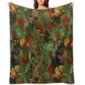 Tropical Monkey Jungle Pattern - Dark Green Botanical Night Garden Nightgarden Plush Throw Blanket
