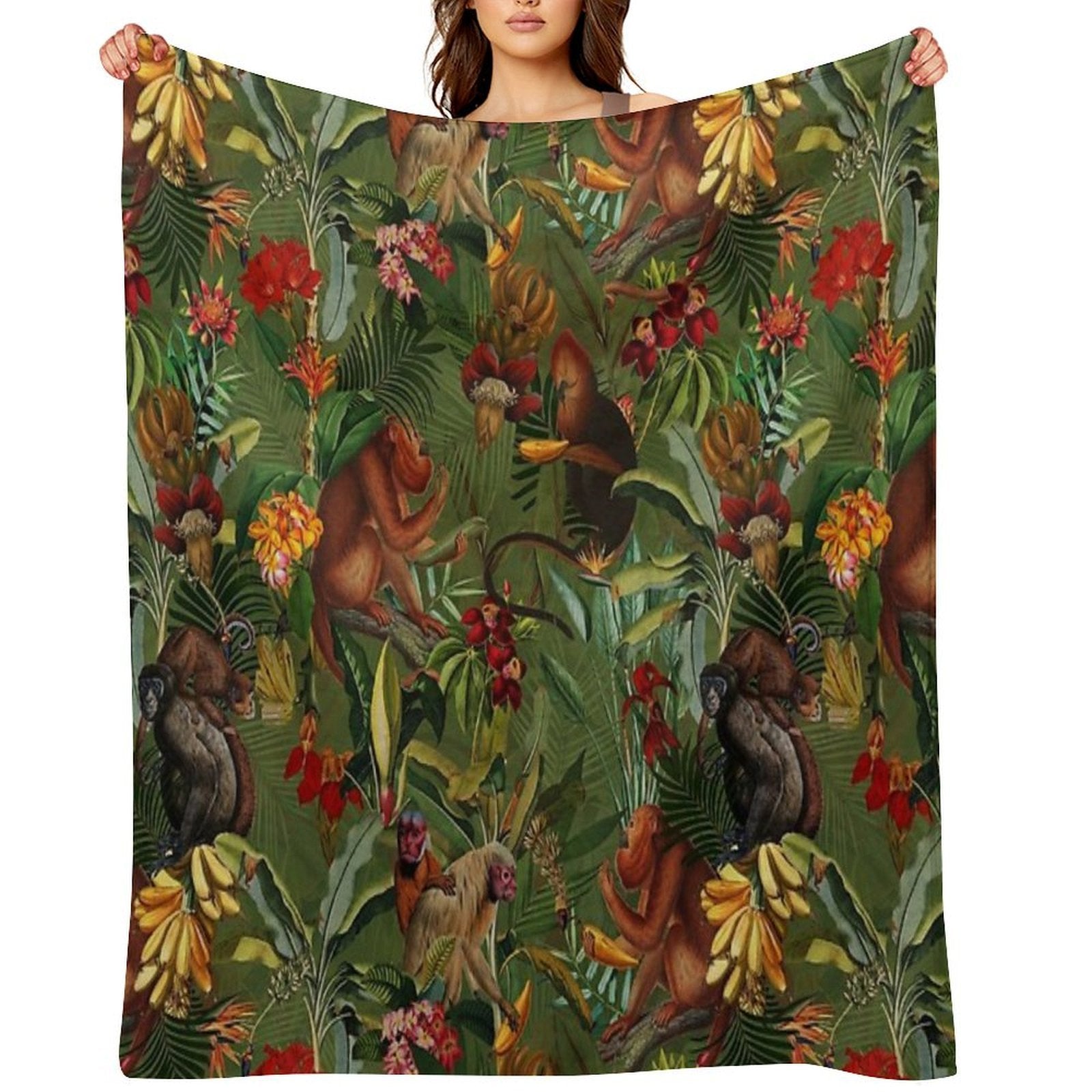 Tropical Monkey Jungle Pattern - Dark Green Botanical Night Garden Nightgarden Plush Throw Blanket