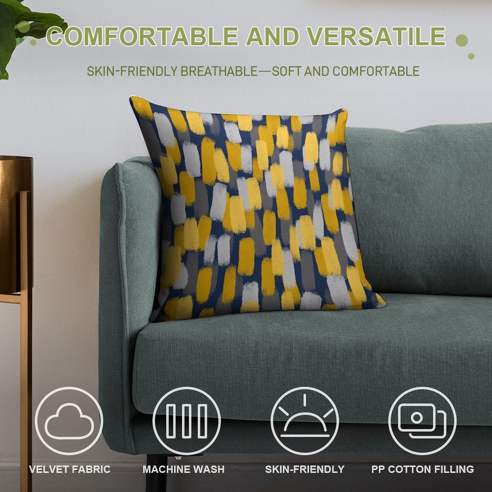 Abstract Grey And Mustard Yellow Paint Brush Effect on Navy Blue Soft Washable Throw Pillow