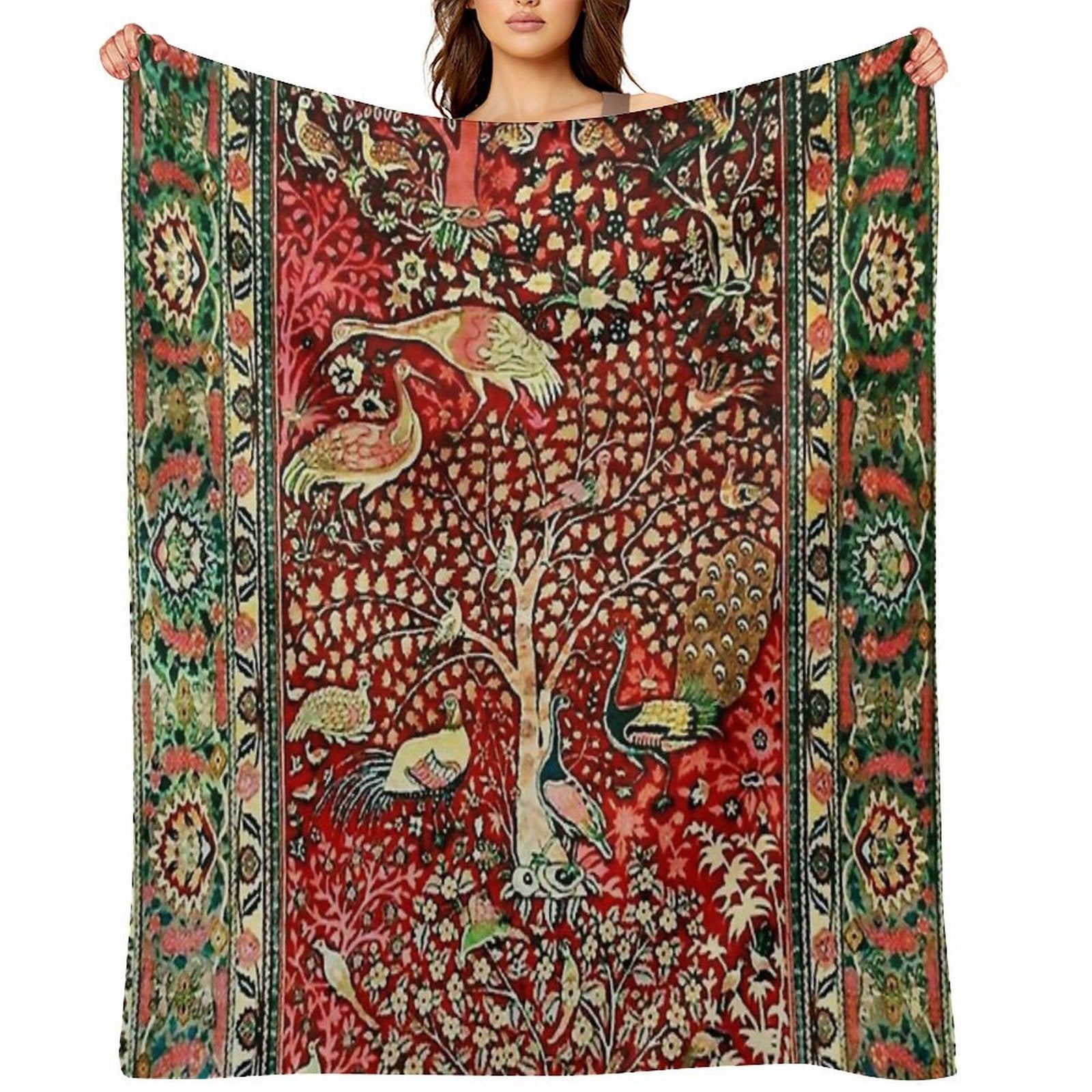 Antique Persian Rug Bird Tree Flowers Ca. 1600 Print Wrinkle-free Throw Blanket