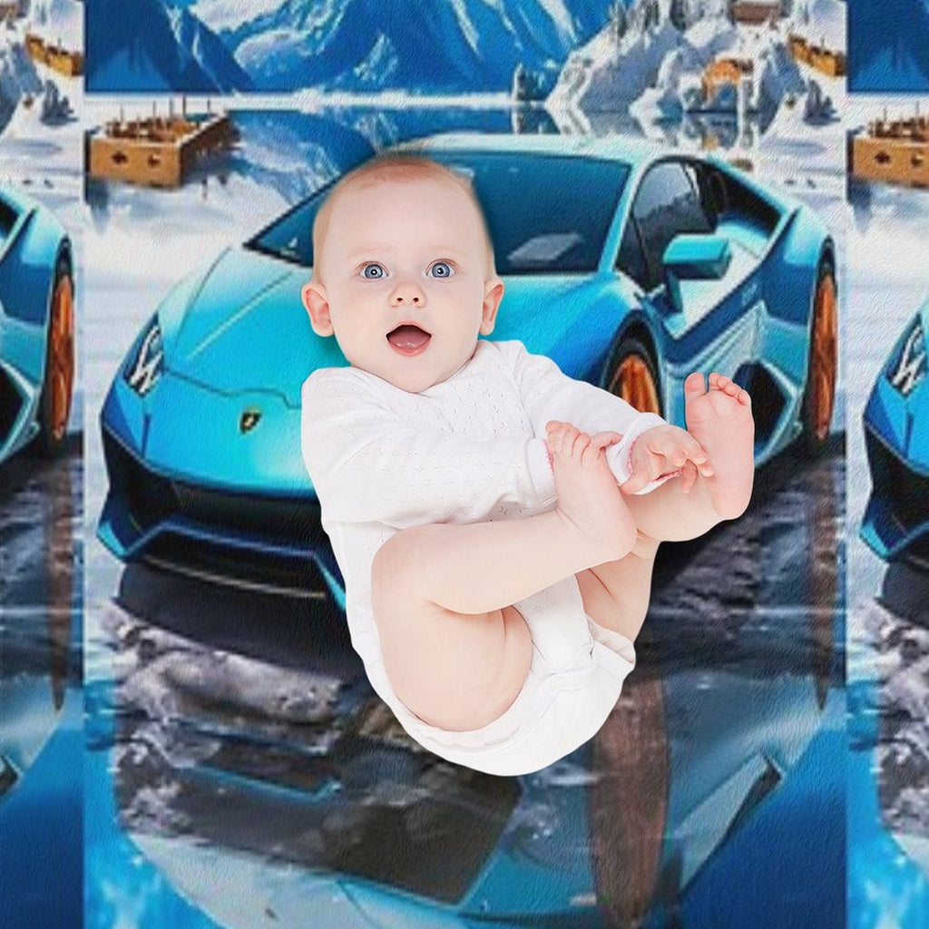 Blue Lamborghini Huracan, Icy Majesty Supercar, Sports Car On Snowy Alpine Backdrop, High Octane Wall Art Machine-washable Throw Blanket