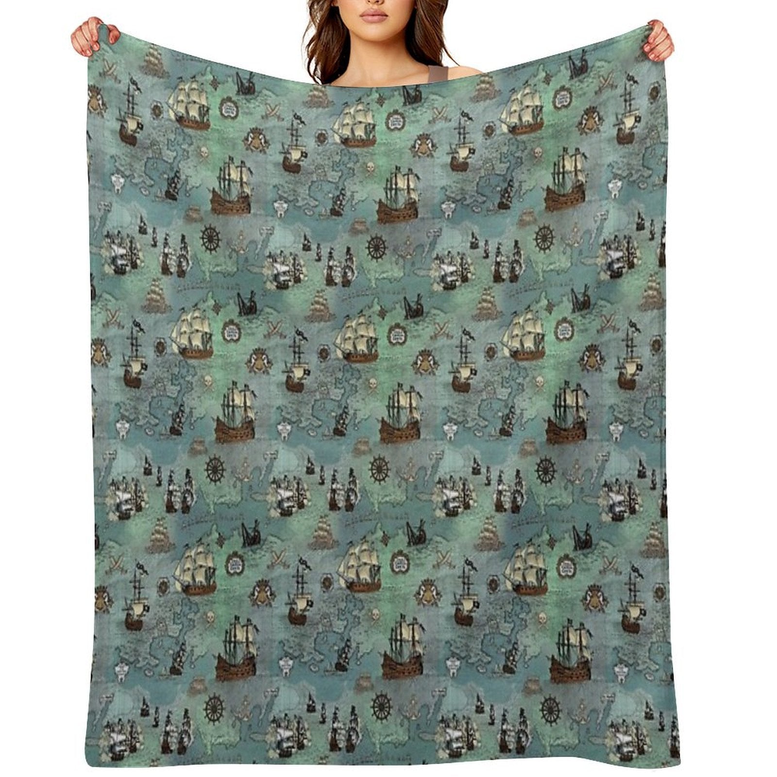 Pirate Map Nautical Sea Print Ocean Blue & Sea Glass Green Sustainable Throw Blanket