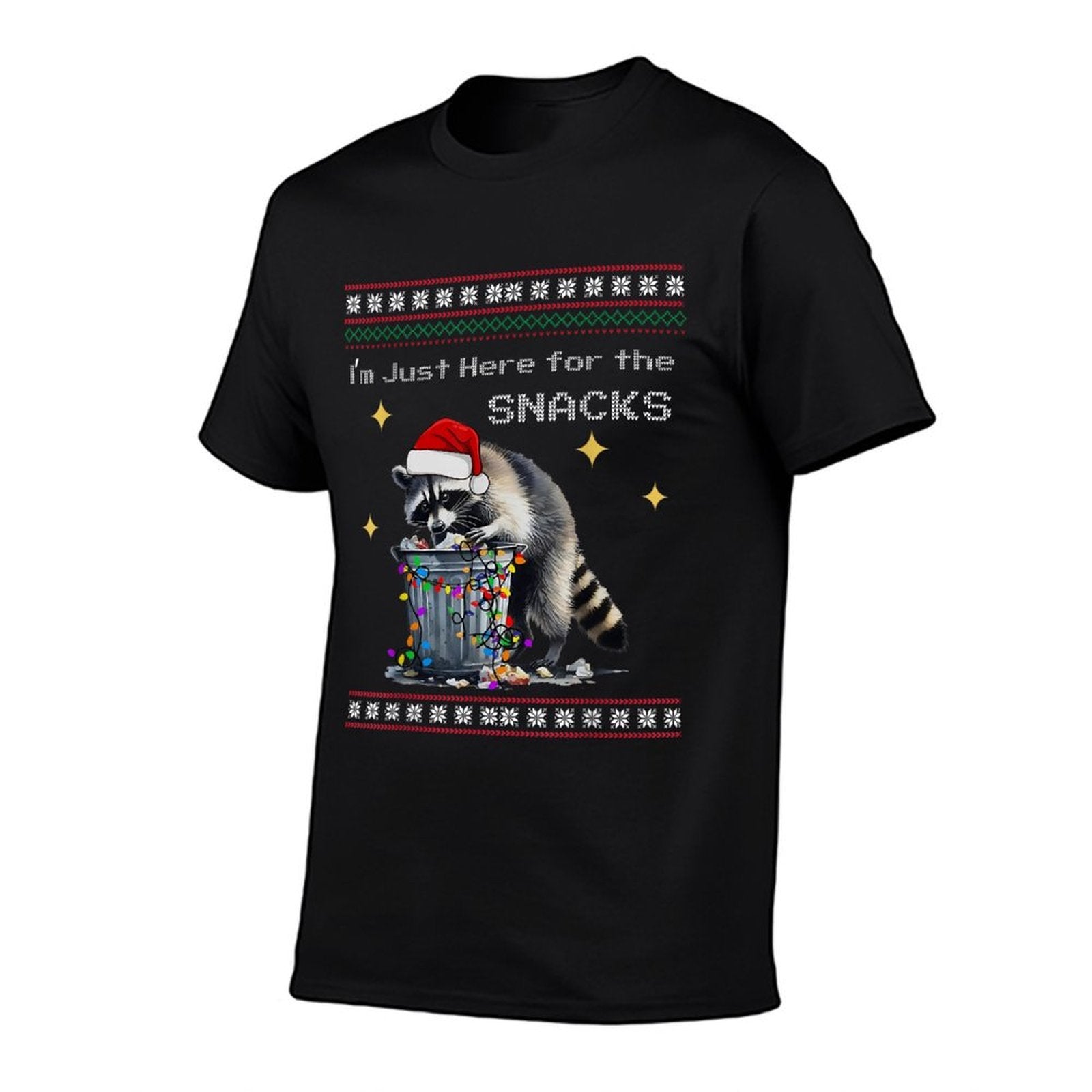 Im Just Here for The Snacks Raccoon Xmas Lights Christmas  Ribbed Collar T-Shirt