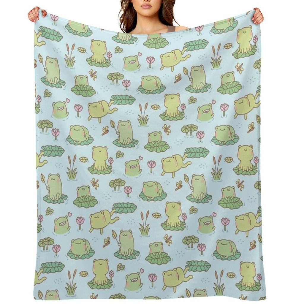 Cute Frogs And Dragonflies Pond Pattern Shrink-resistant Throw Blanket