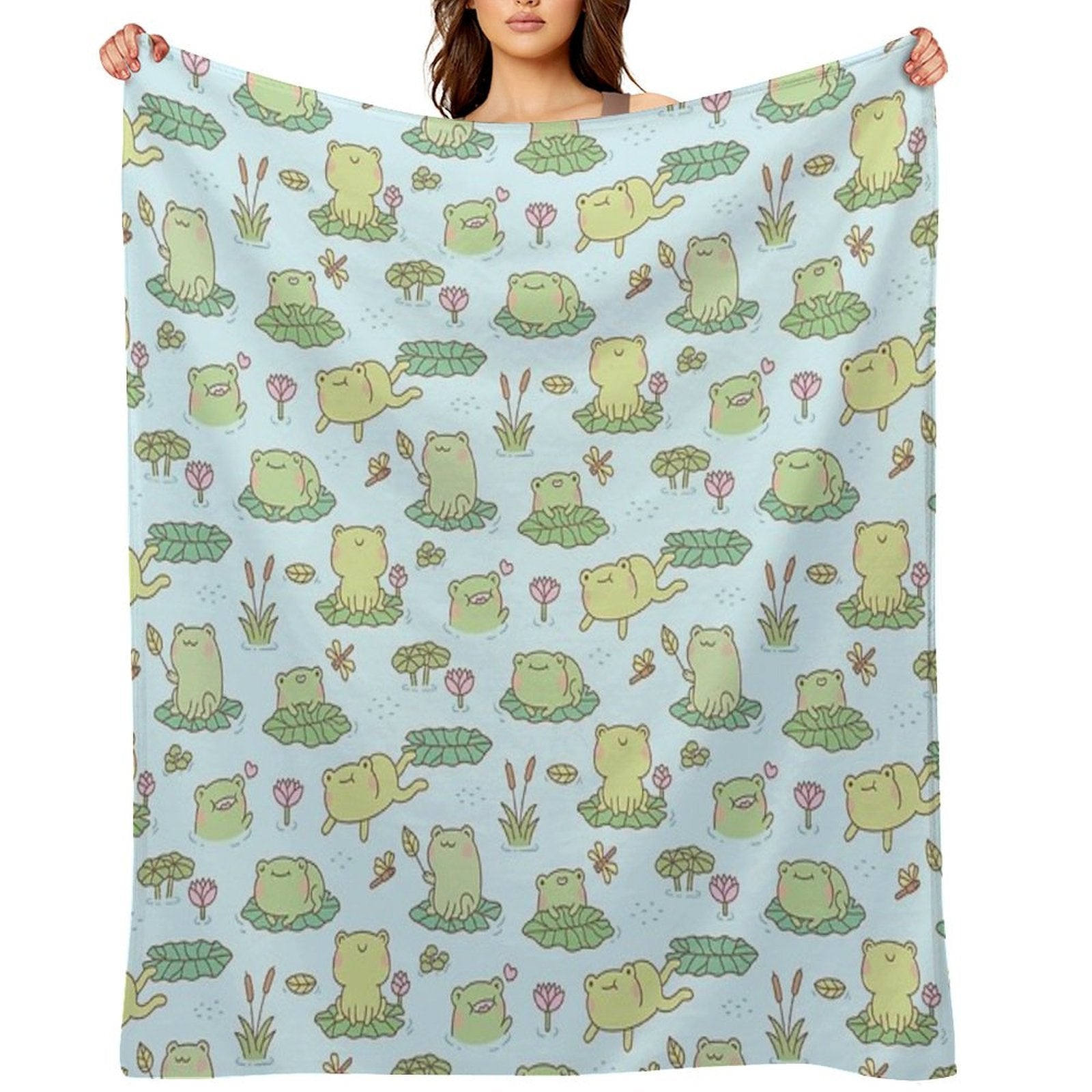 Cute Frogs And Dragonflies Pond Pattern Shrink-resistant Throw Blanket