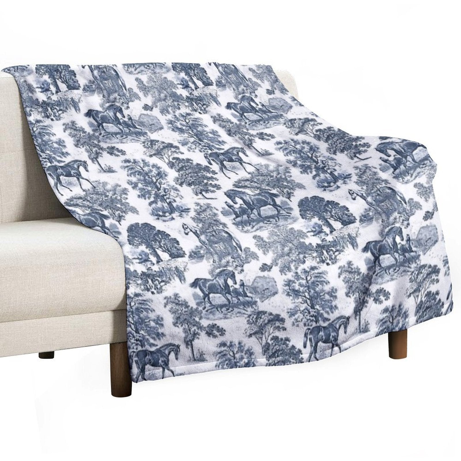Elegant Vintage Chic Blue Toile Horses Pattern Versatility Throw Blanket