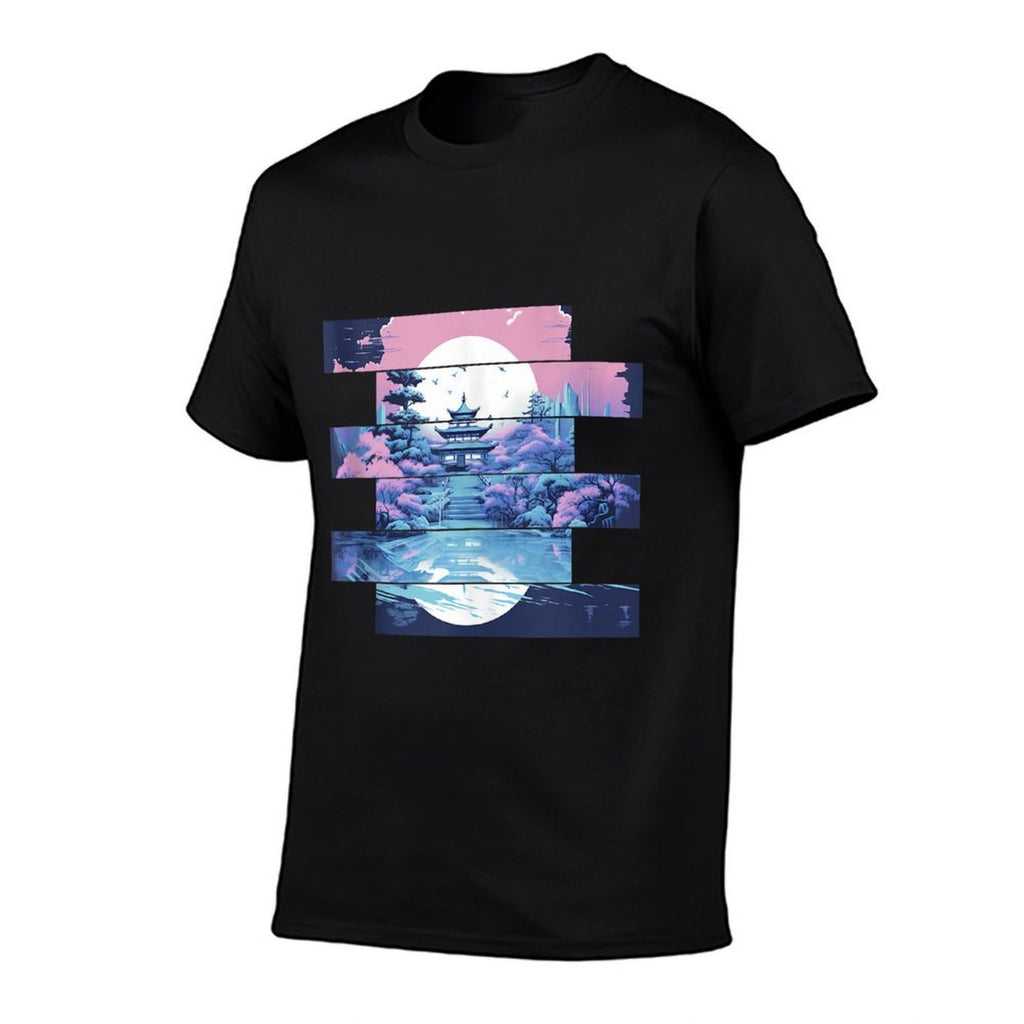Serenity in Stripes Tranquil Temple at Twilight  Tagless Design T-Shirt