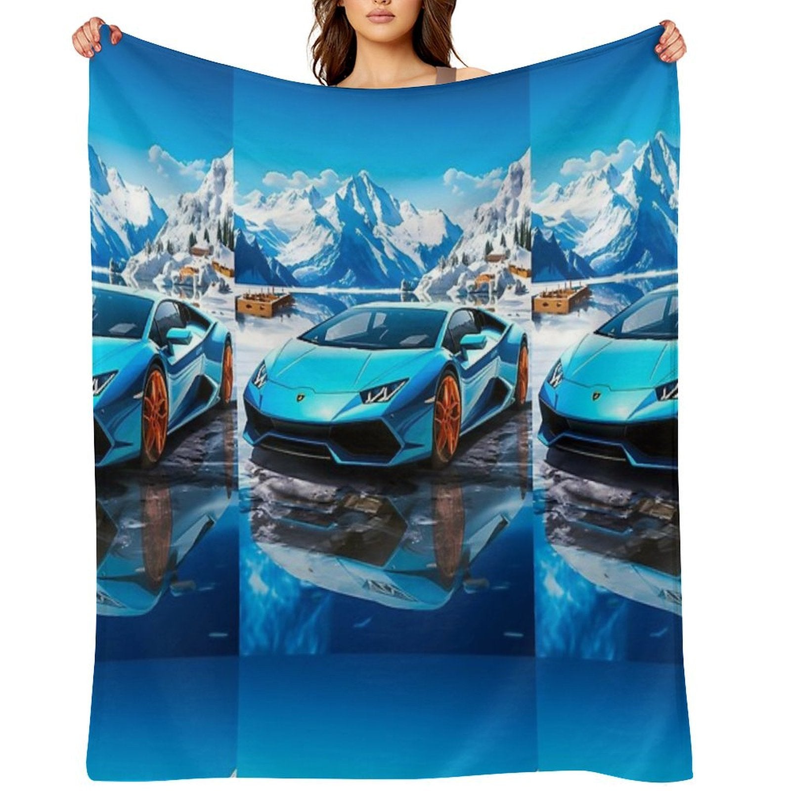 Blue Lamborghini Huracan, Icy Majesty Supercar, Sports Car On Snowy Alpine Backdrop, High Octane Wall Art Machine-washable Throw Blanket