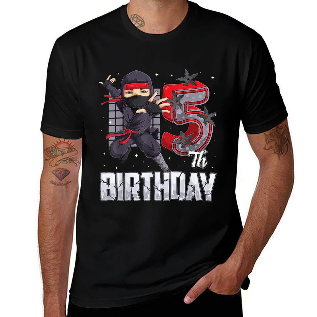 Ninja 5th Birthday Party Theme 5 Five Year Old Kids Boys  Summer-ready Fabric T-Shirt