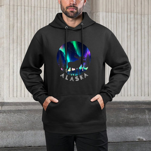 Alaska Moose Aurora Borealis Alaskan Landscape Pilling-Resistant Hoodie