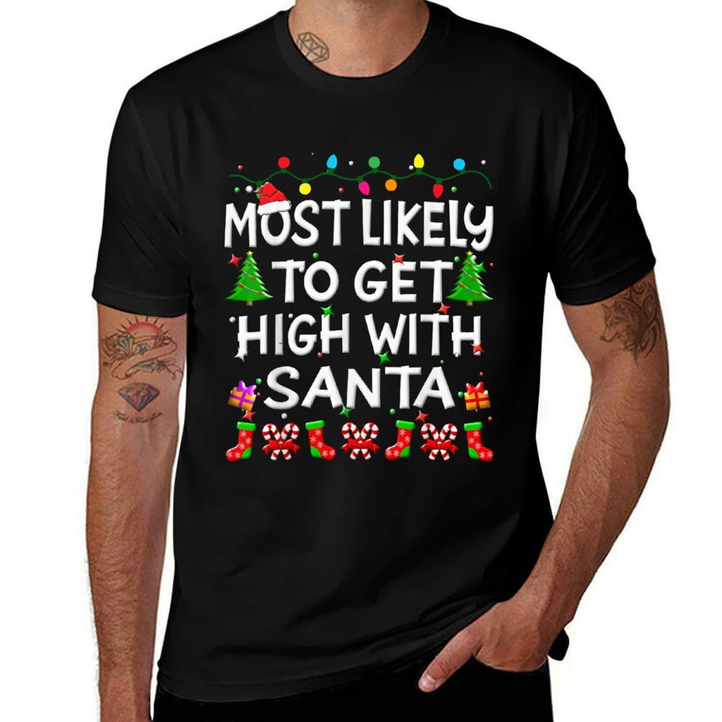 Most Likely To Get High With Santa Christmas Funny Adult Men  Polyester Blend T-Shirt