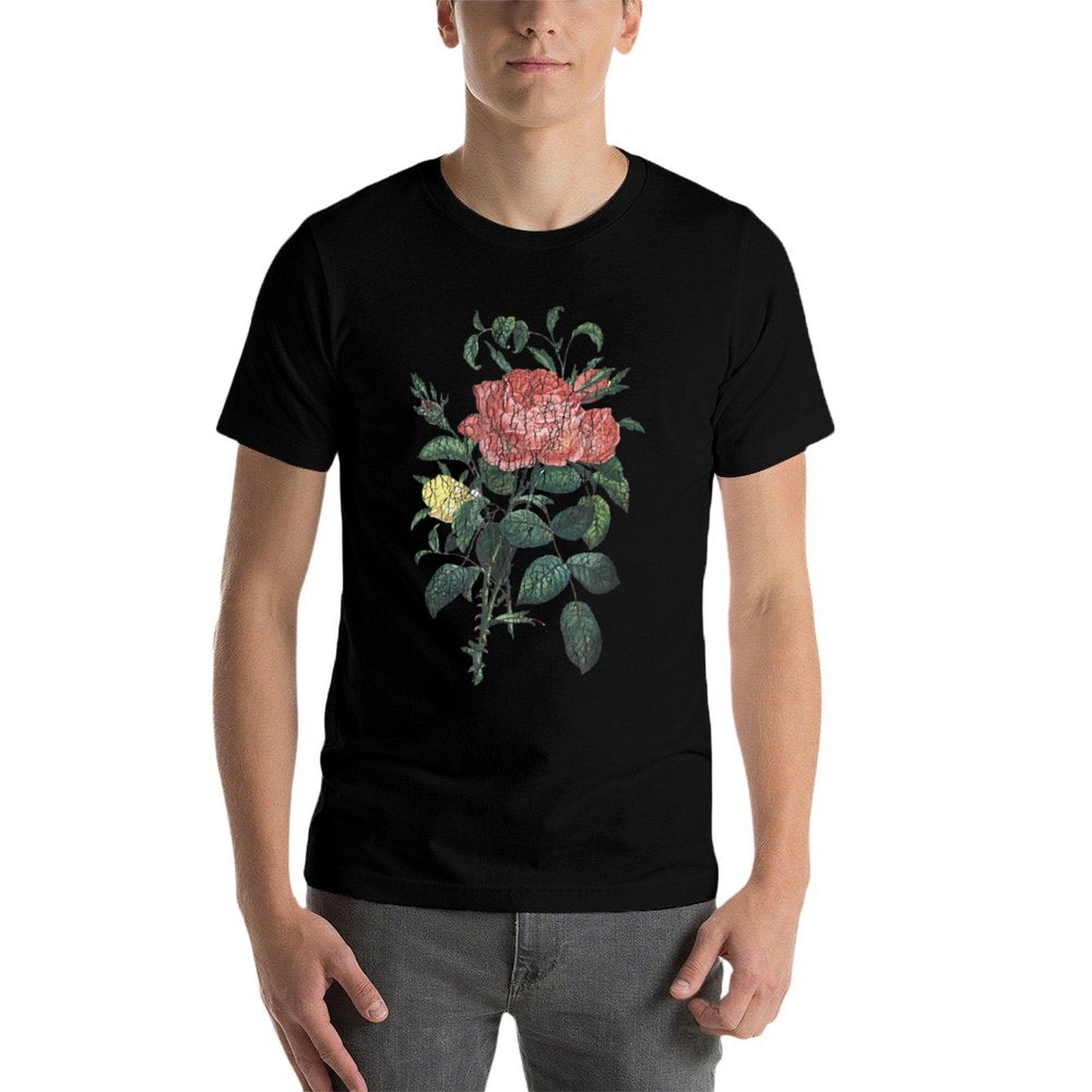 Cottagecore Vintage Distressed Botanical Rose  Heathered Texture T-Shirt