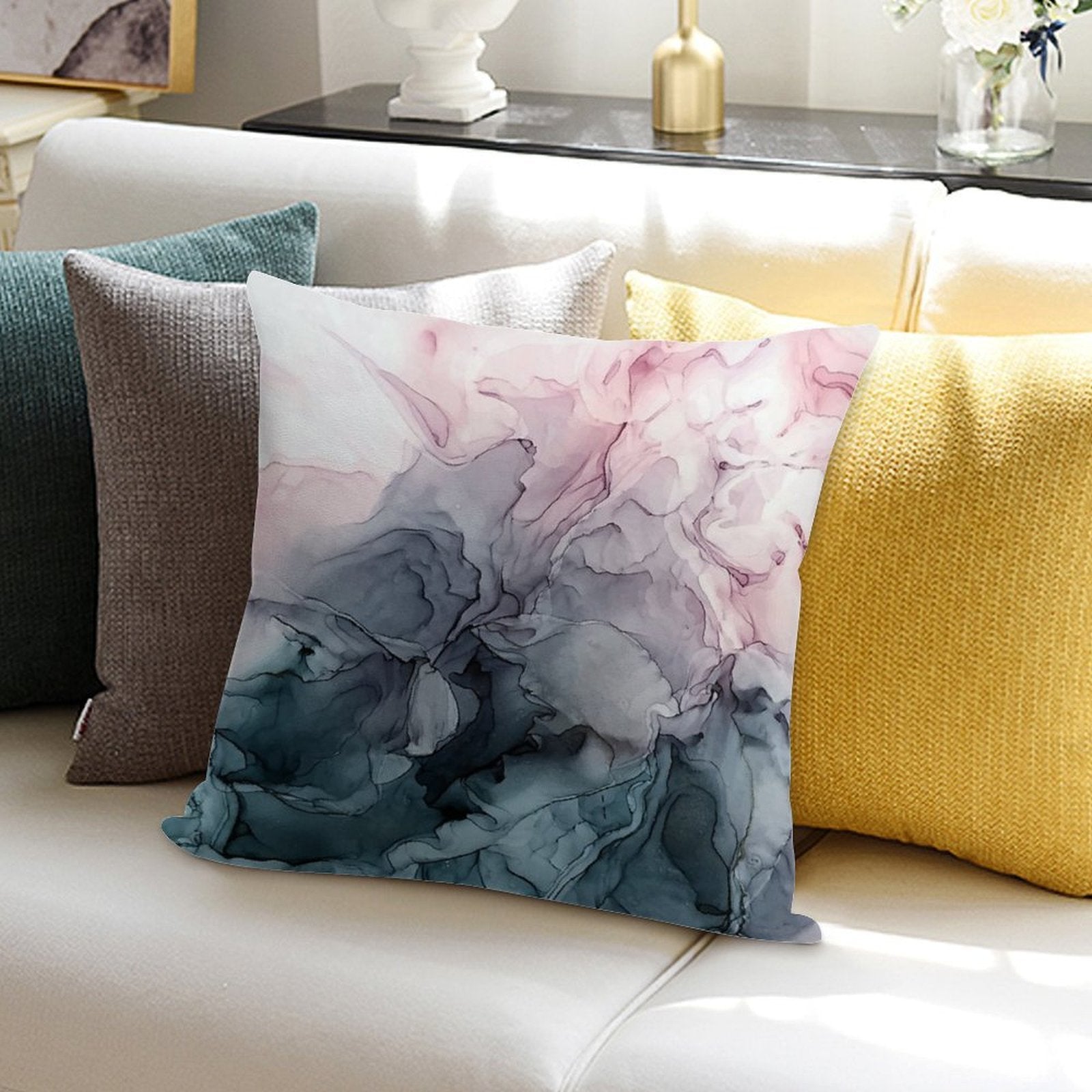 Blush And Payne's Grey Flowing Abstract Painting Soft Hidden Zipper Throw Pillow