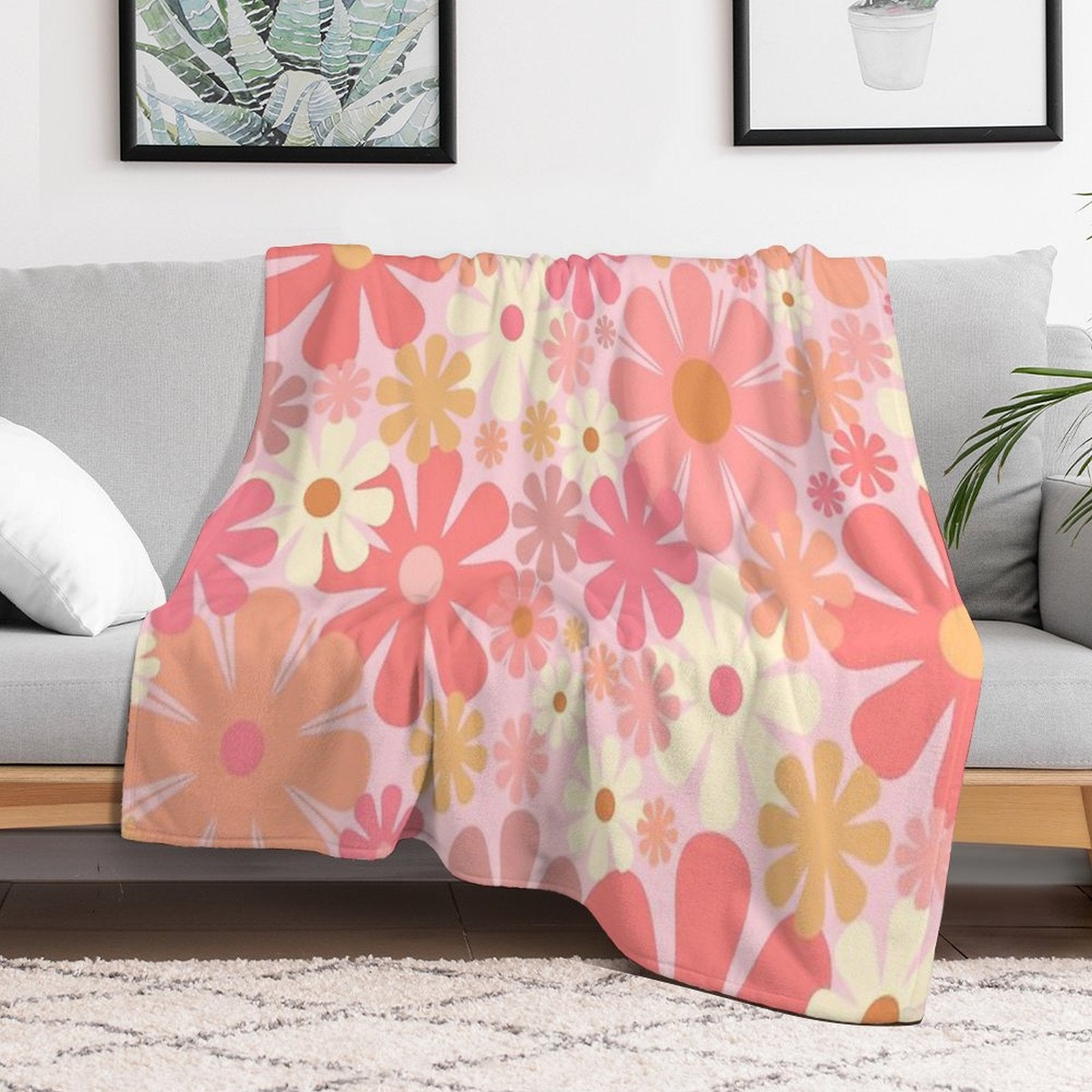 Vintage 60s 70s Flowers Retro Floral Pattern in Blush Pink And Mustard Tones Shrink-resistant Throw Blanket