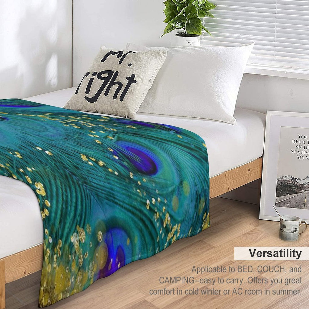 Dreamy Peacock Feathers, Teal And Purple, Glimmering Gold Shrink-resistant Throw Blanket