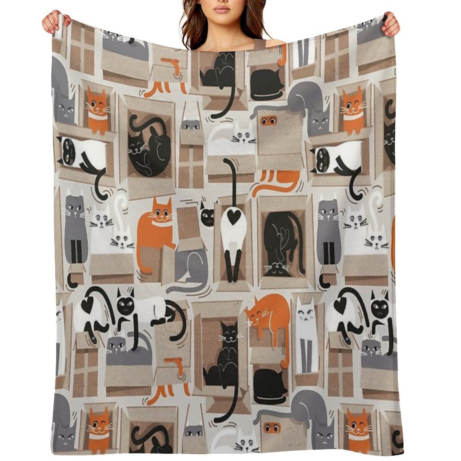 Purfect Feline Architecture  Beige Background Cute Cats in Cardboard Boxes Sustainable Throw Blanket