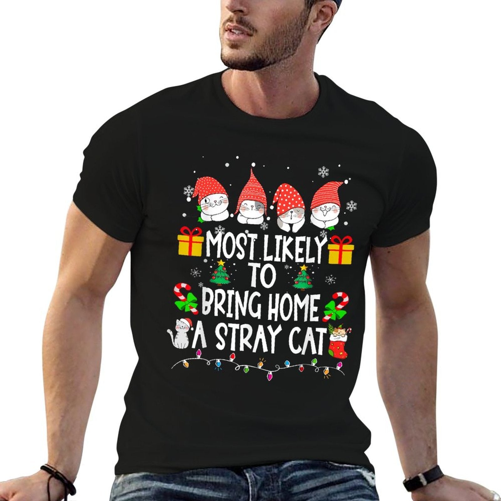 Most Likely To Bring Home A Stray Cat Christmas Family Funny  Ribbed Collar T-Shirt