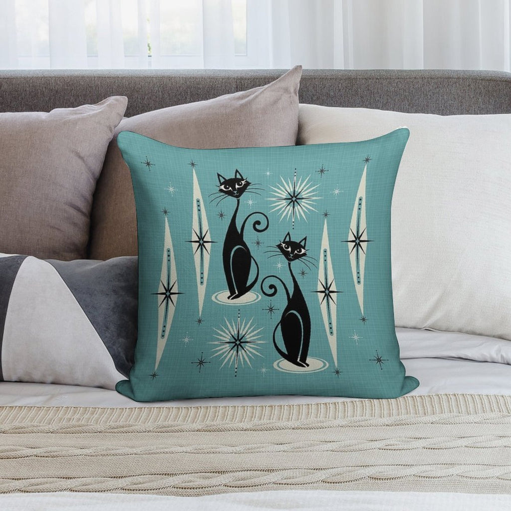 Mid Century Meow on Blue - Large Scale Soft Bedroom Essential Throw Pillow