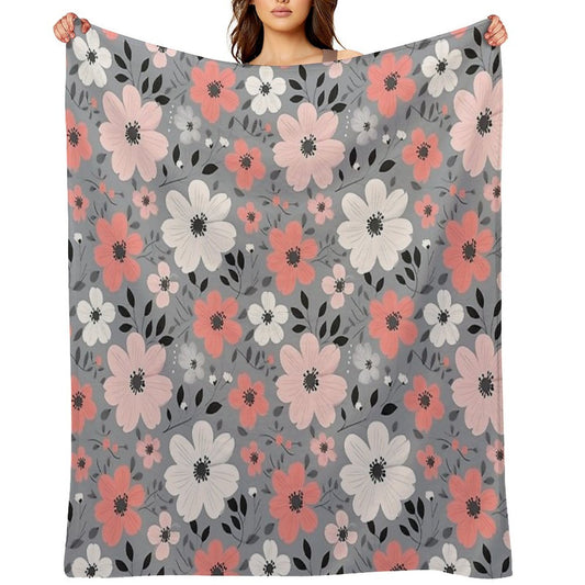 Pink Salmon White Grey Flowers Grey Background Pattern Velvety-soft Throw Blanket