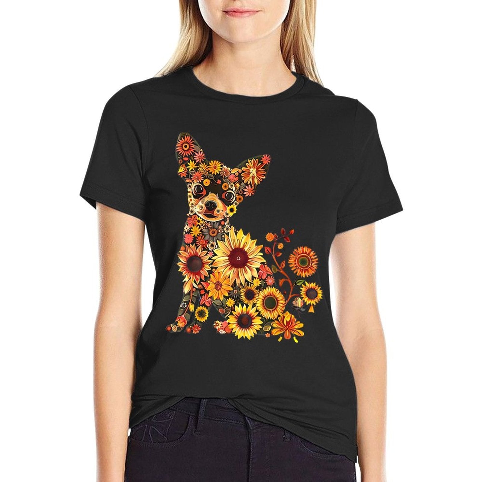 Floral Chihuahua Sunflower Mama Cute Mom Mother&#39;s Day  Summer-ready Fabric T-Shirt