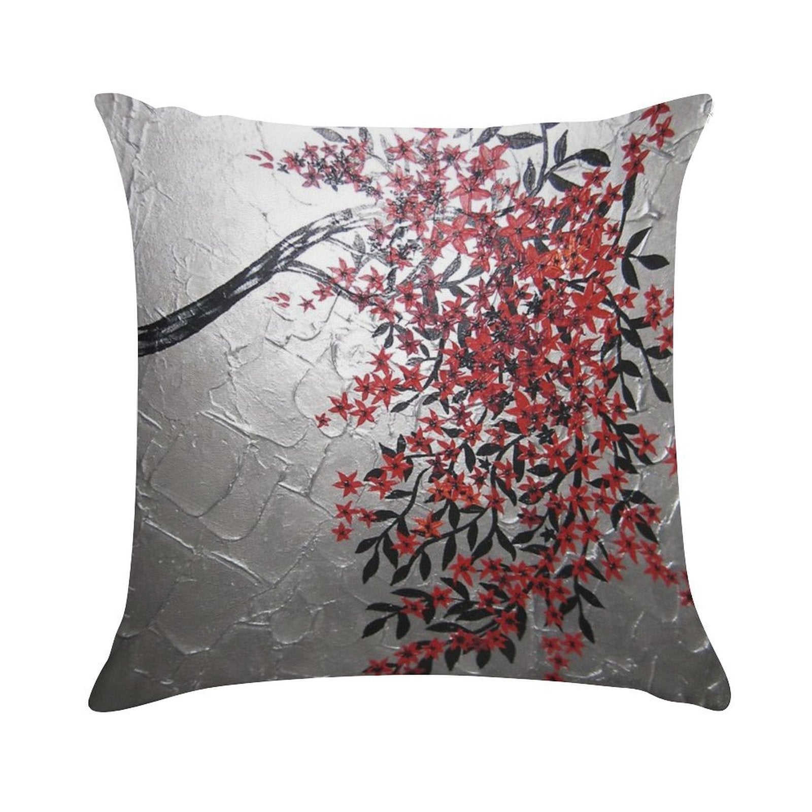 Red Black And Silver Cherry Blossom Tree Art Soft Shrink-Resistant Throw Pillow