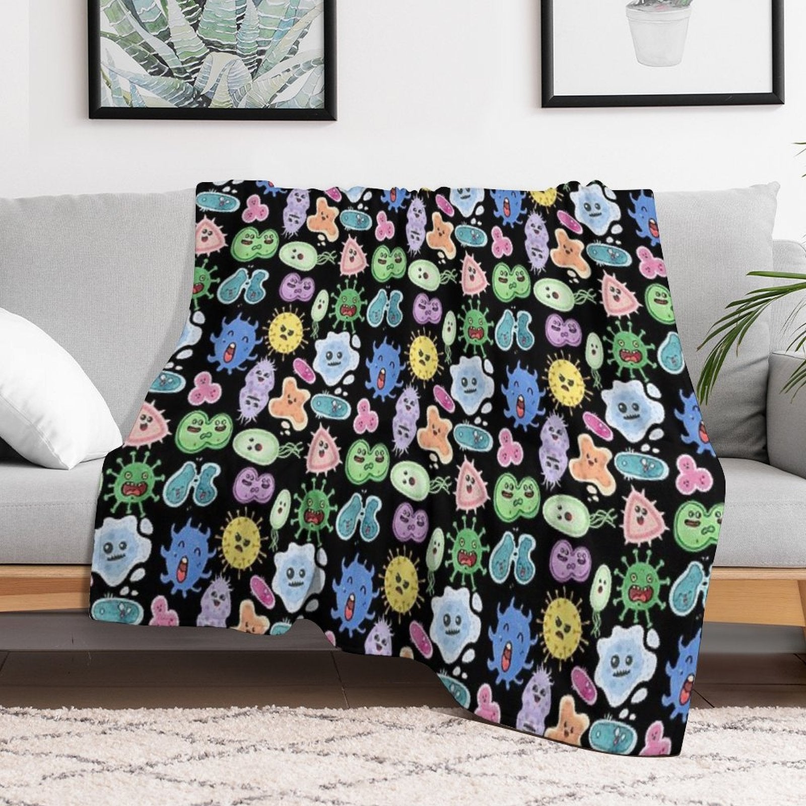 Cute Microbes Bacteria, Virus, Ecoli MicroBiology Seamless Pattern Sticker Pack. Lightweight Throw Blanket