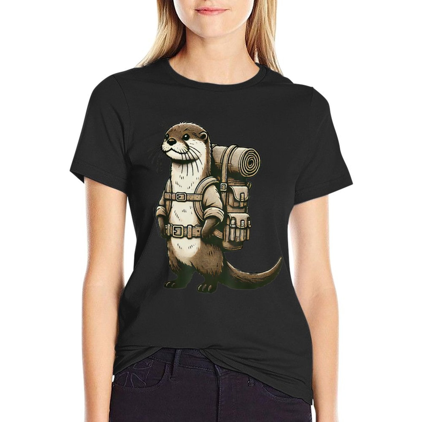 Funny Hiking River Otter Backpacking Cottagecore Animals  Ribbed Collar T-Shirt