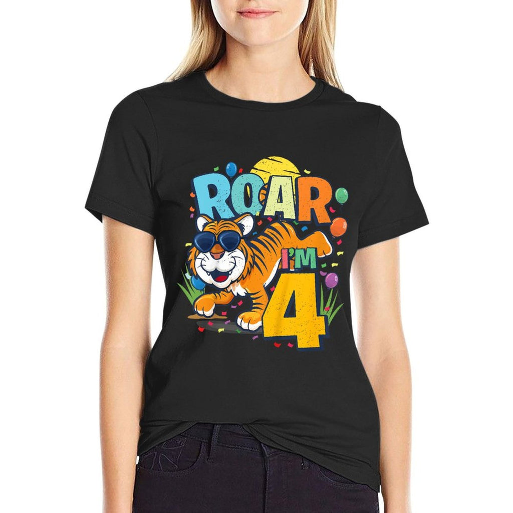 Kids 4th Birthday ROAR I'M 4 Year Old Boys Tiger Safari Gift Top  Fade-proof Color T-Shirt
